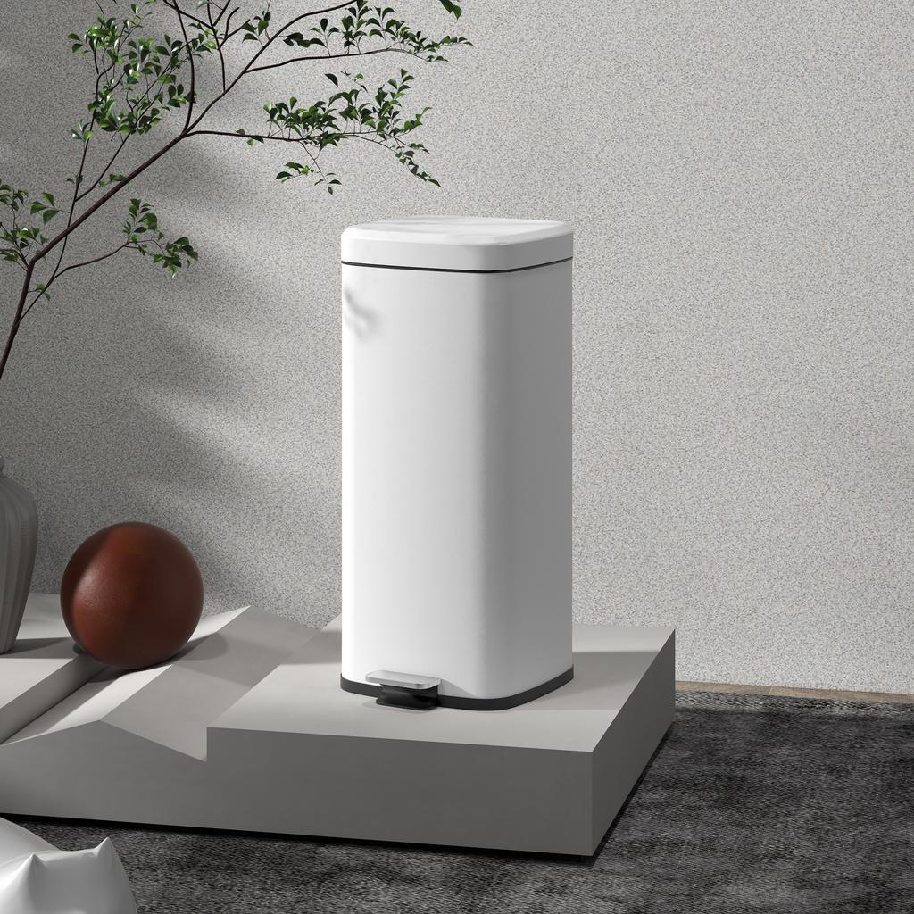 Trash Can 30L, Soft-Close Lid, Fingerprint-Proof, Foot Pedal, Metal/Plastic, 28x35x63.5 Cm, White