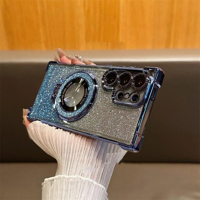 Suitable for Samsung S25 Ultra Mobile Phone Case S24FE Flash Powder Magnetic Bracket S23 Airbag Electroplating High End Women's Case