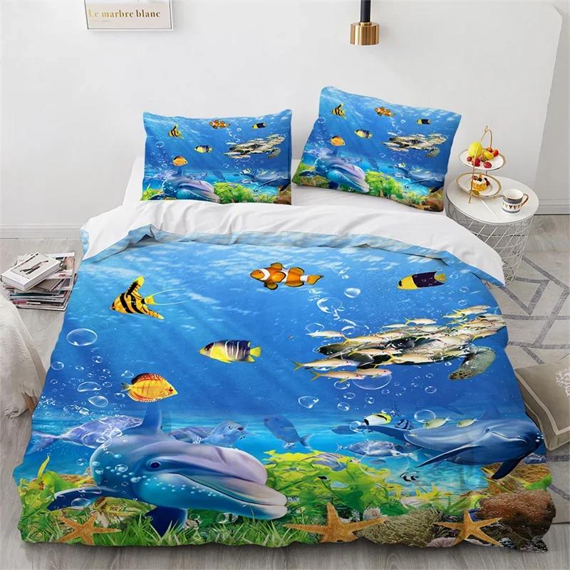 Sea Animal Turtle Duvet Cover Queen Microfiber Dolphin Octopus Conch Starfish Quilt Cover Ocean Theme Bedding Set For Boys Girls