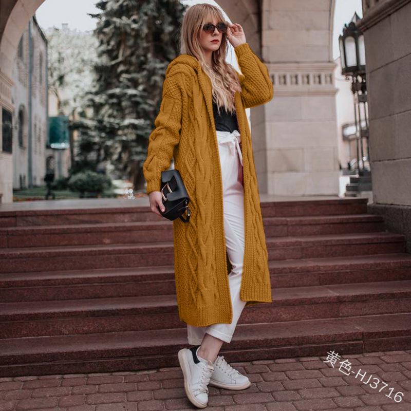 European & American Autumn/Winter Solid Color Hooded Long Loose Cable Knit Cardigan Sweater for Women