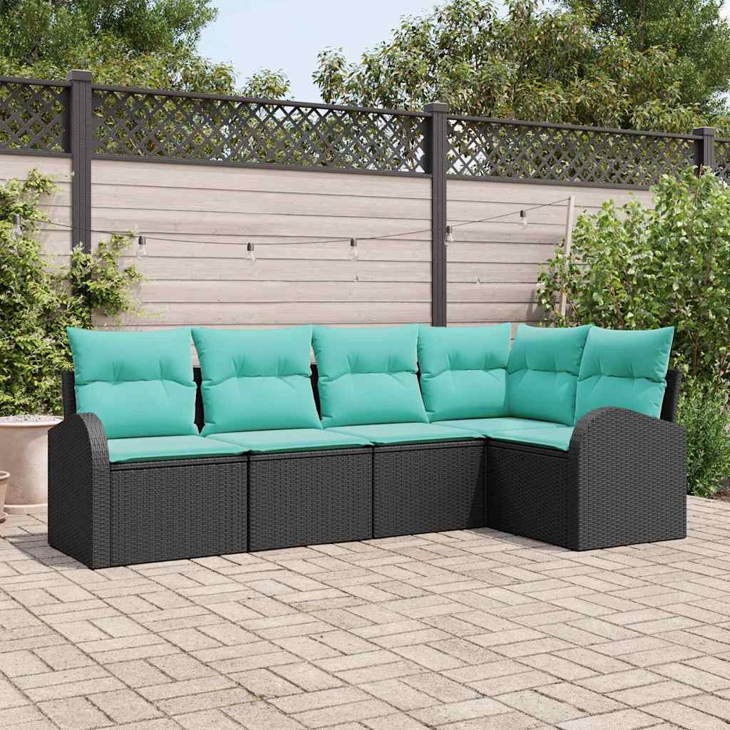 Garden Sofa Set with Cushions 5 Pieces Black and Turquoise Poly Rattan