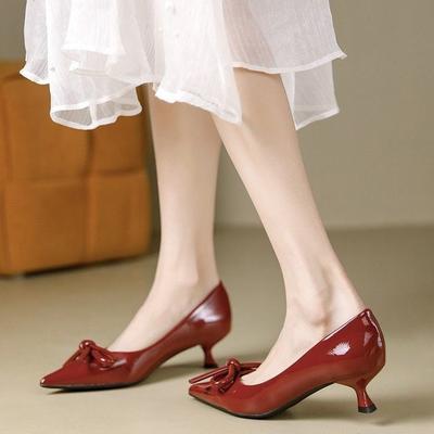 Not Tired Feet High Heels Medium Heel Red Bridal Wedding Shoes French Pointed Thin Heel Single Shoes Women's 2025 Temperament Bow