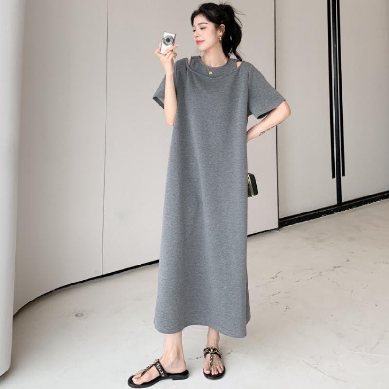 Women's Lazy T-shirt Dress Summer Temperament Off-the-shoulder Plus Size Slimming Over The Knee Dress