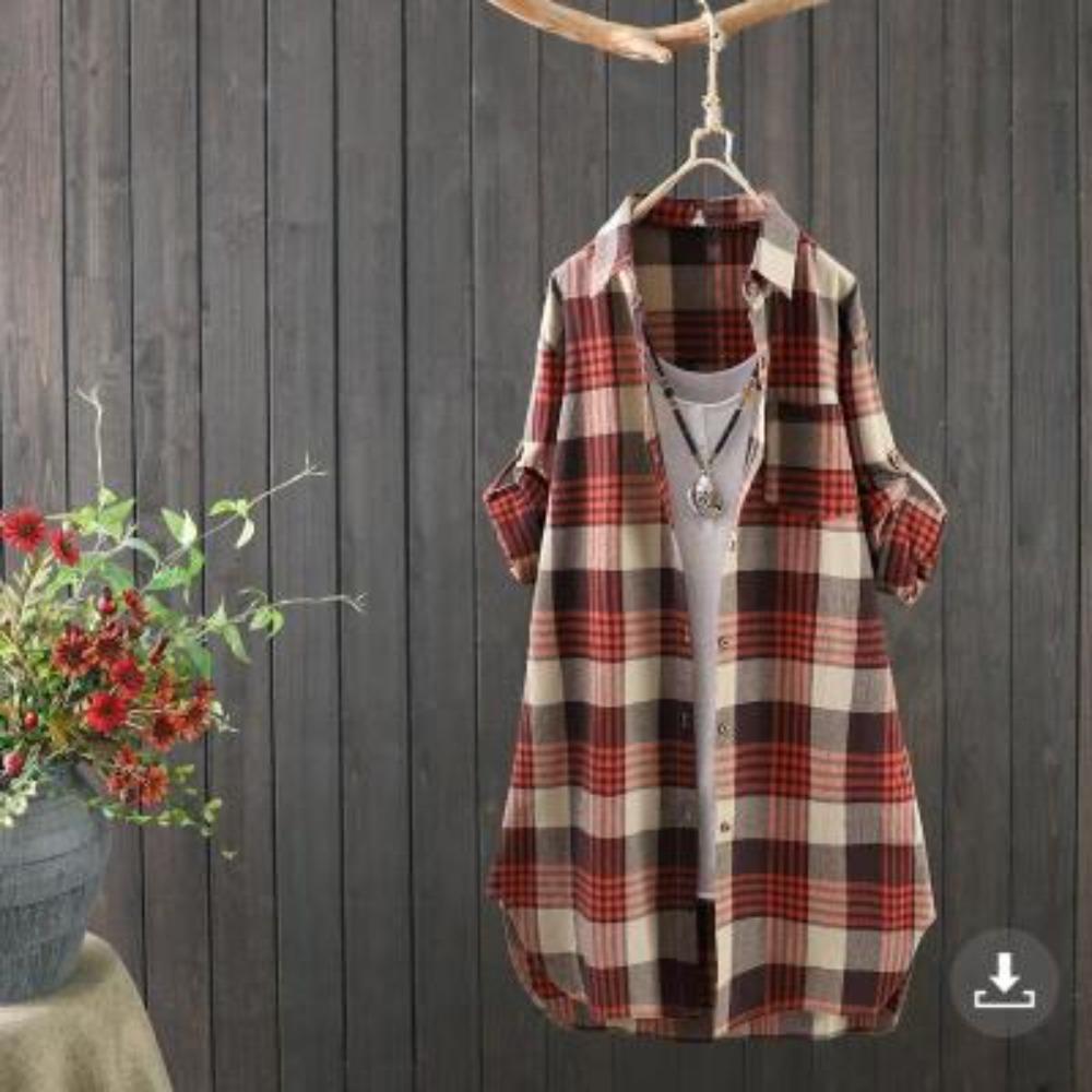 Women's Point Collar Long Sleeve Plaid Blouse Loose Fit Casual Cotton Tunic Shirt Outerwear