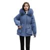 Winter Women Coat Cotton Jacket Furry Hood Thickened Plush Mid Length Long Sleeves Elastic Waist Zipper Closure Pockets