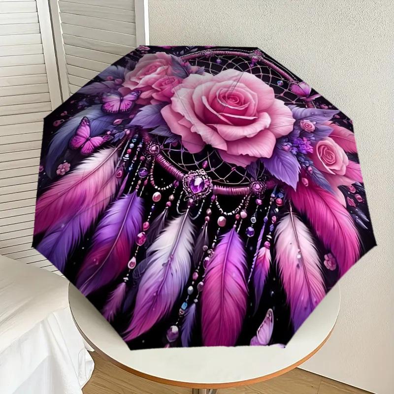 1pc Dreamcatcher with Pink Roses and Feathers Umbrella with Plastic Handle,Suitable for All Seasons Home Travel Outdoor UmbrellaDD1233