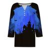Women's Casual V-Neck Button Pullover T-Shirt with Halloween Print and Three-Quarter Sleeves