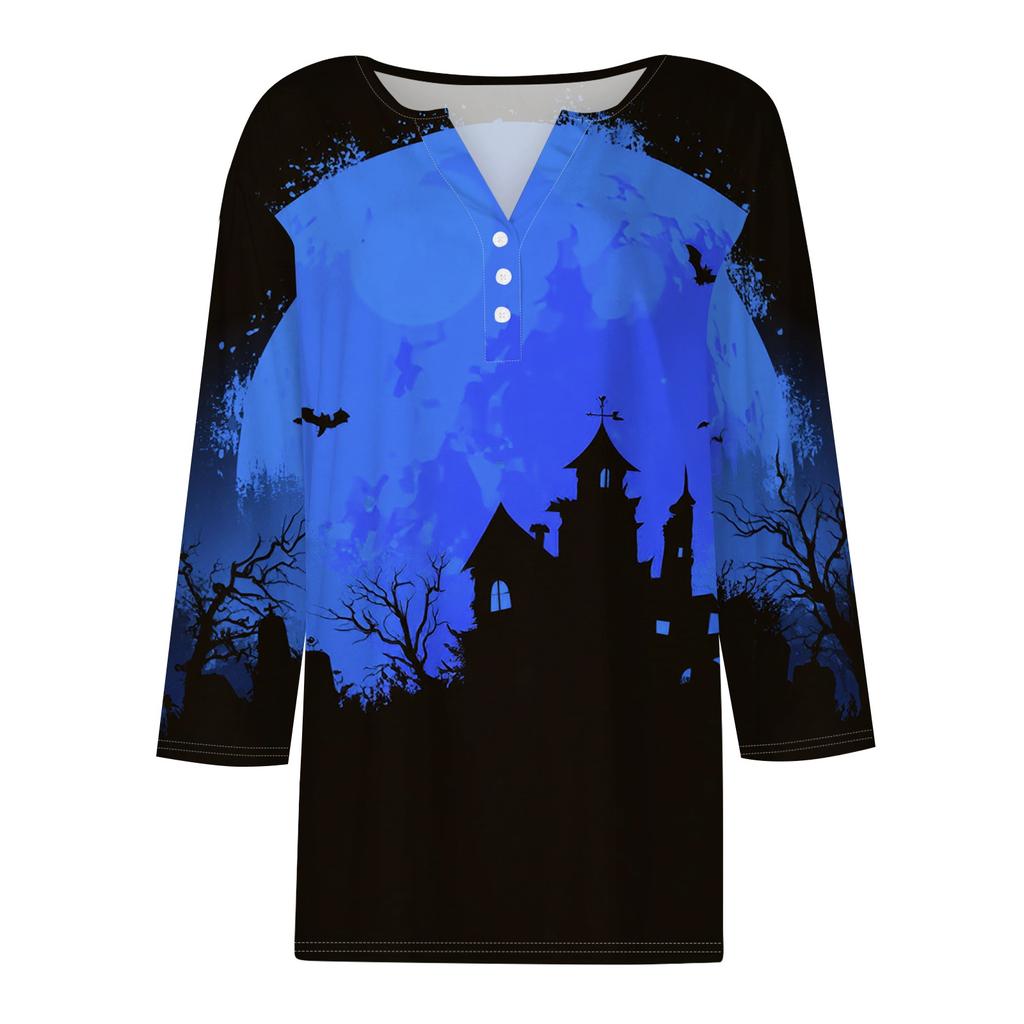 Women's Casual V-Neck Button Pullover T-Shirt with Halloween Print and Three-Quarter Sleeves