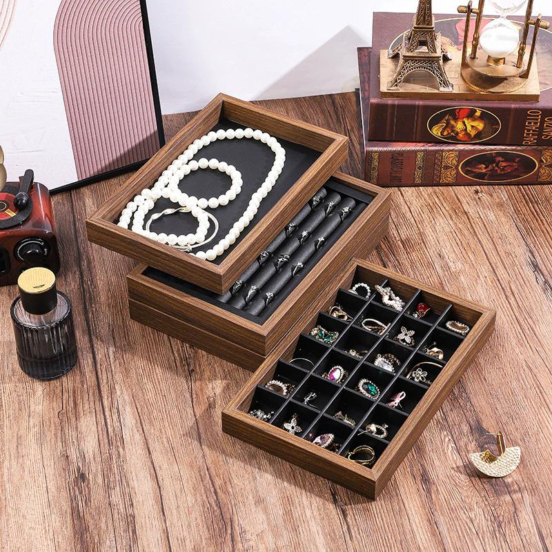 Jewelry Organizer Retro Walnut Wood Grain Ring Display Tray Tabletop Multipurpose Earrings Necklace Bracelet Chain Storage Plate