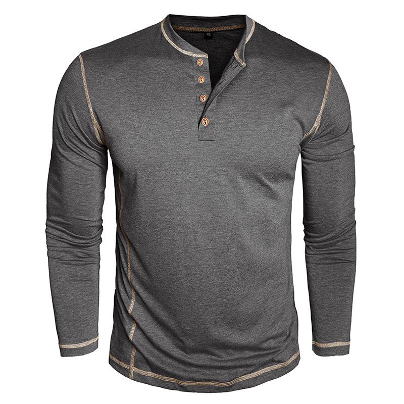 Men Henley Collar Contrast Stitching Long Sleeve Solid Color Slim Casual Button T Shirt
