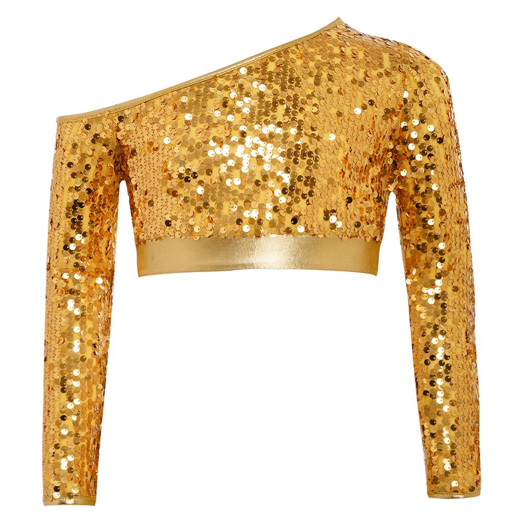 Girls Jazz Dance One Shoulder Long Sleeve Sequins Top Performance Competition Costume
