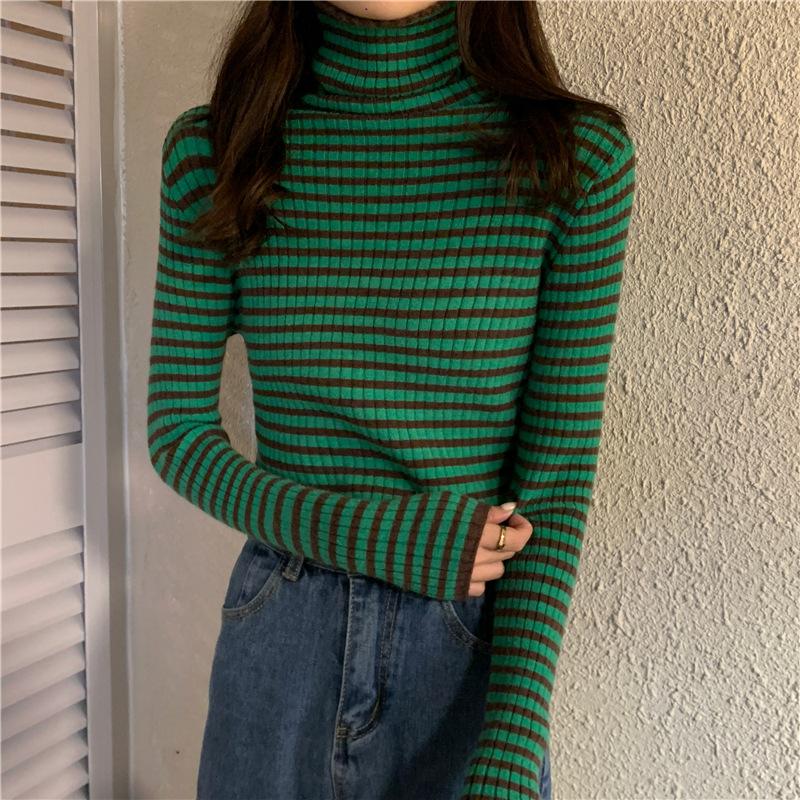Autumn Winter Striped Turtleneck Knitted Sweaters for Women New Long Sleeve Top Women Sweater All-match Bottoming Shirt