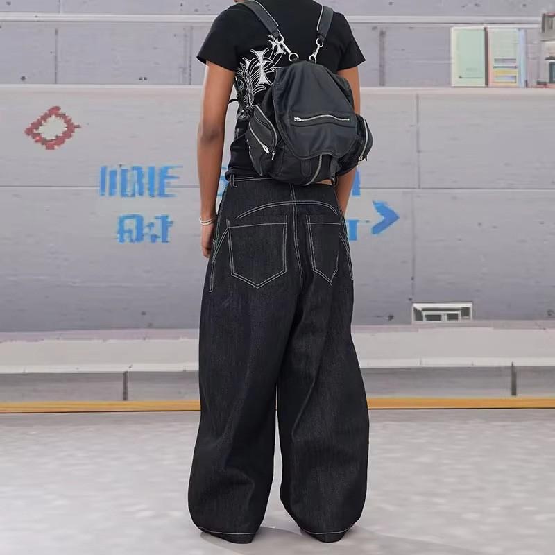 Retro Aviator Buckle Wide Leg Denim Pants Men Women - High Waist Loose Fit Straight Cut Streetwear Jeans
