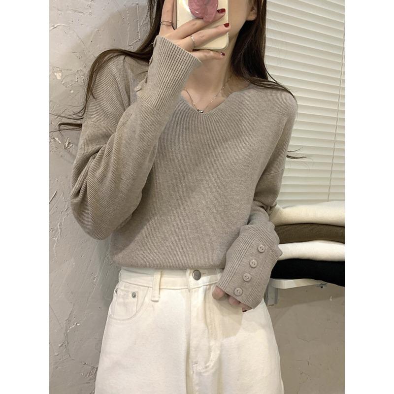 Temperament collar slack knitted sweater soft waxy sweater autumn and winter casual simple button long sleeve women's bottoming top
