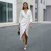 Lady Ruffle Dress Summer Women Deep V-Neck Dress, Slim Waist Midi Long Sleeves Solid Color Wrap for Daily Wear Party