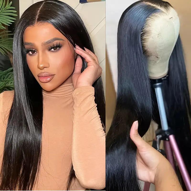 Long Straight Synthetic Wig With Lace Front Adjustable Bangs Black Heat-Resistant Fiber Women