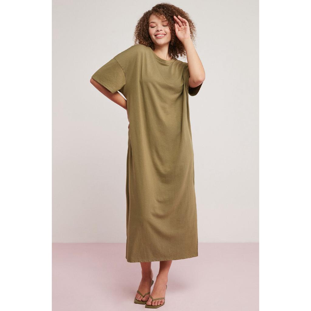 Morganne Woman 100% Cotton Draped Bat Sleeve Slit Comfort Fit Khaki Big Size Dress