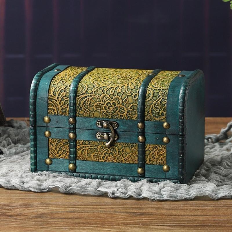 Handcrafted Vintage Wood Treasure Chests Decorative Jewelry Organizers Case With Secure Lid For Home Storage