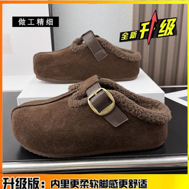 

Frosted cowhide retro platform slippers women s shoes winter new lamb wool bag head half slippers cotton shoes 40