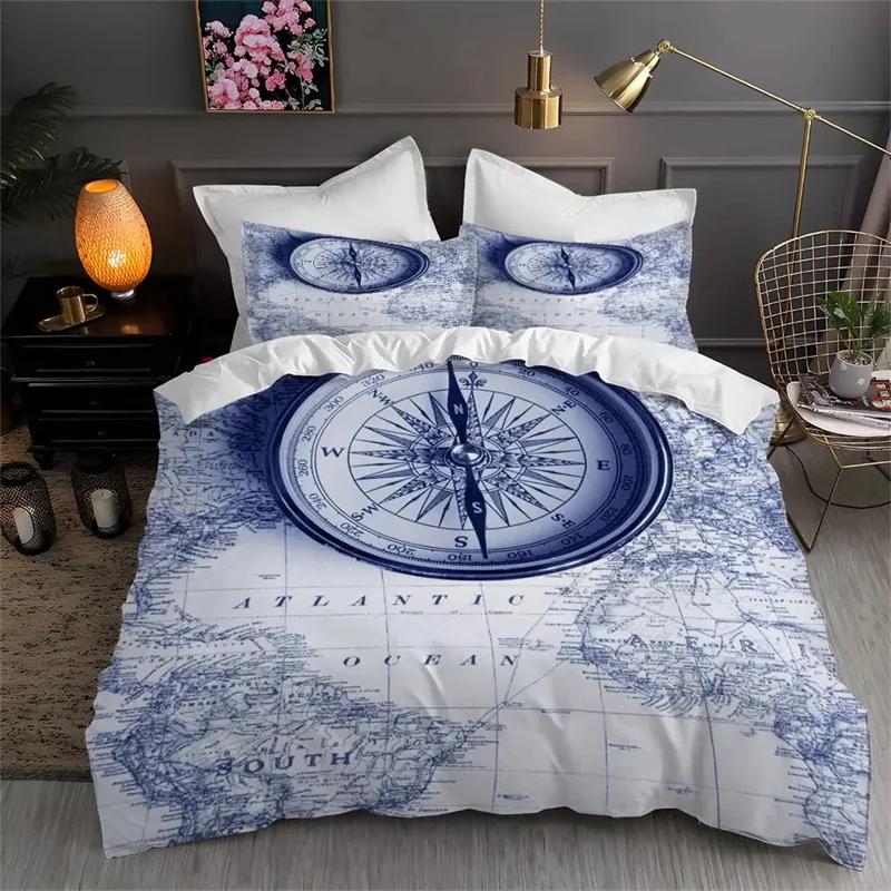 Duvet Cover Compass and Wind Rose Nautical Theme Voyage Words Decorative Bedding Blue White Room Decoration for Women Men Gifts