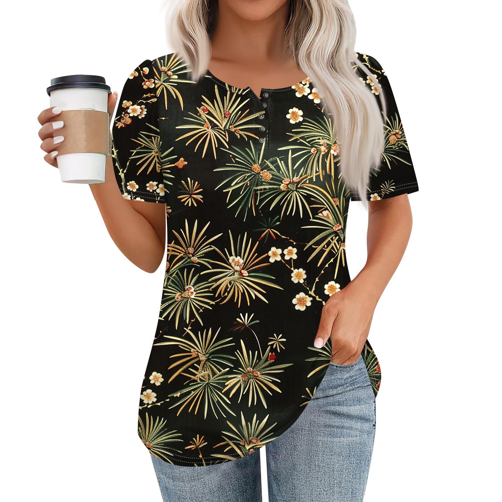 

Женский модный повседневный короткий рукав пуловер с цветочным принтом и круглым вырезом на пуговицах L чёрный