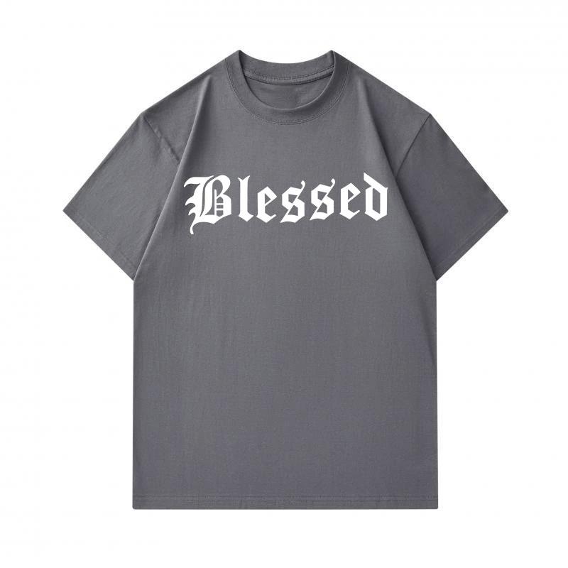 Men's 100% Cotton Crew Neck Short Sleeve T-Shirt, Casual Blessed Gothic Letter Print Breathable Soft Daily Wear Tees for Men Streetwear Fashion Comfy