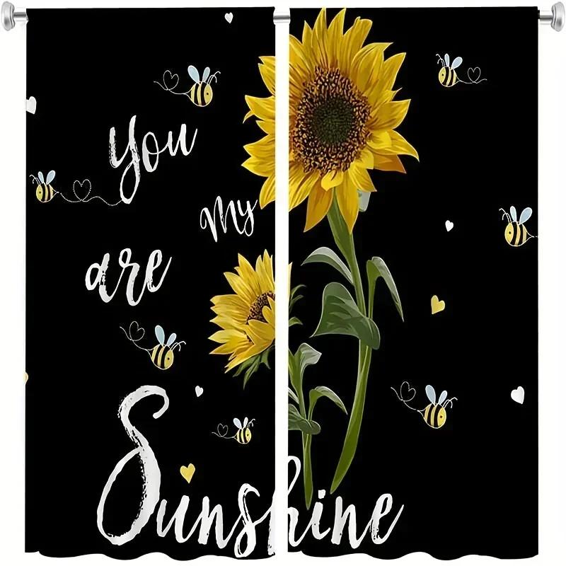 3D 2panels Black Sunflower Printed Curtain, Rod Pocket Curtain For Bedroom Office Kitchen Living Room Study Home Decor