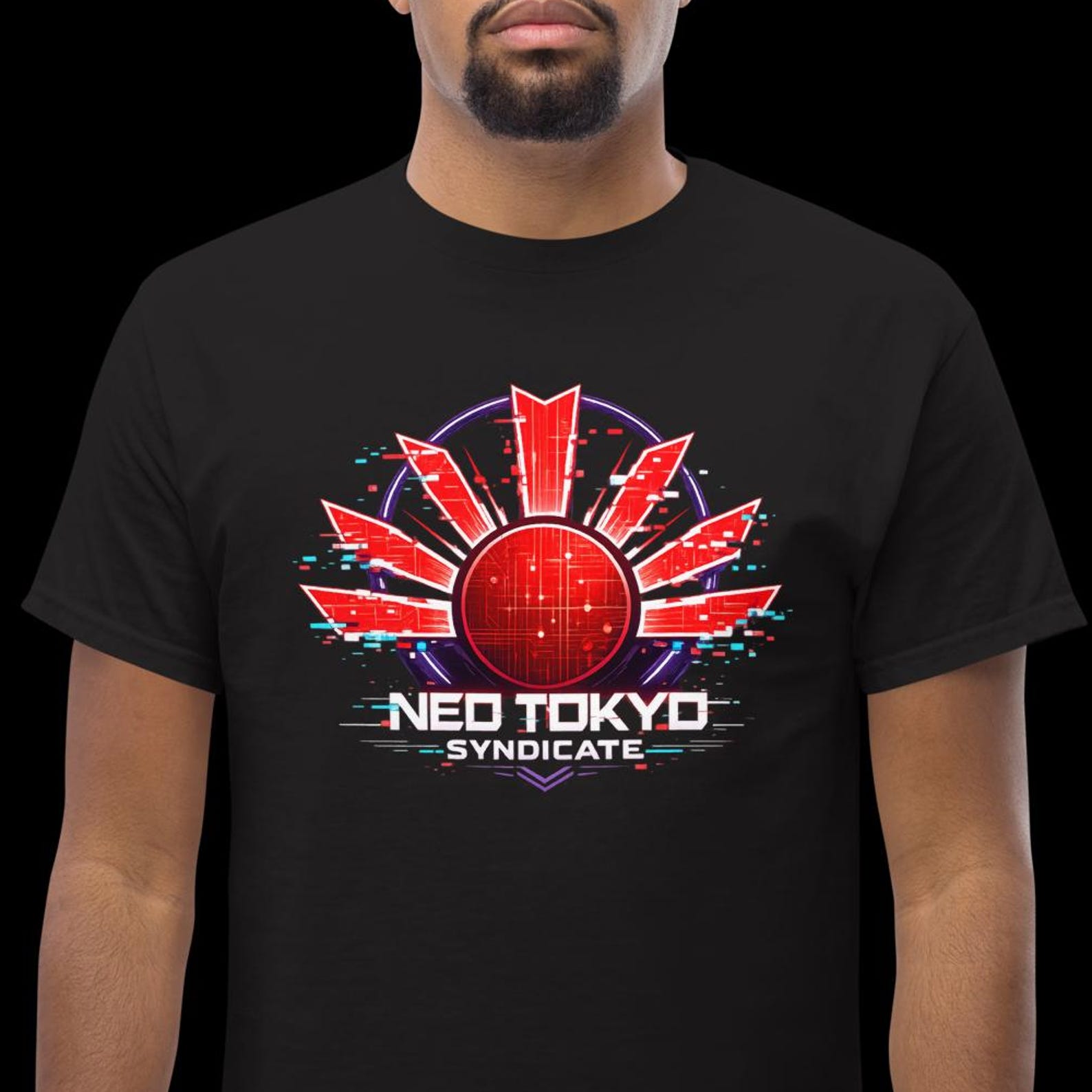 Neo Tokyo Cyberpunk T-Shirt, Glitch Rising Sun Graphic Tee, Futuristic Streetwear L