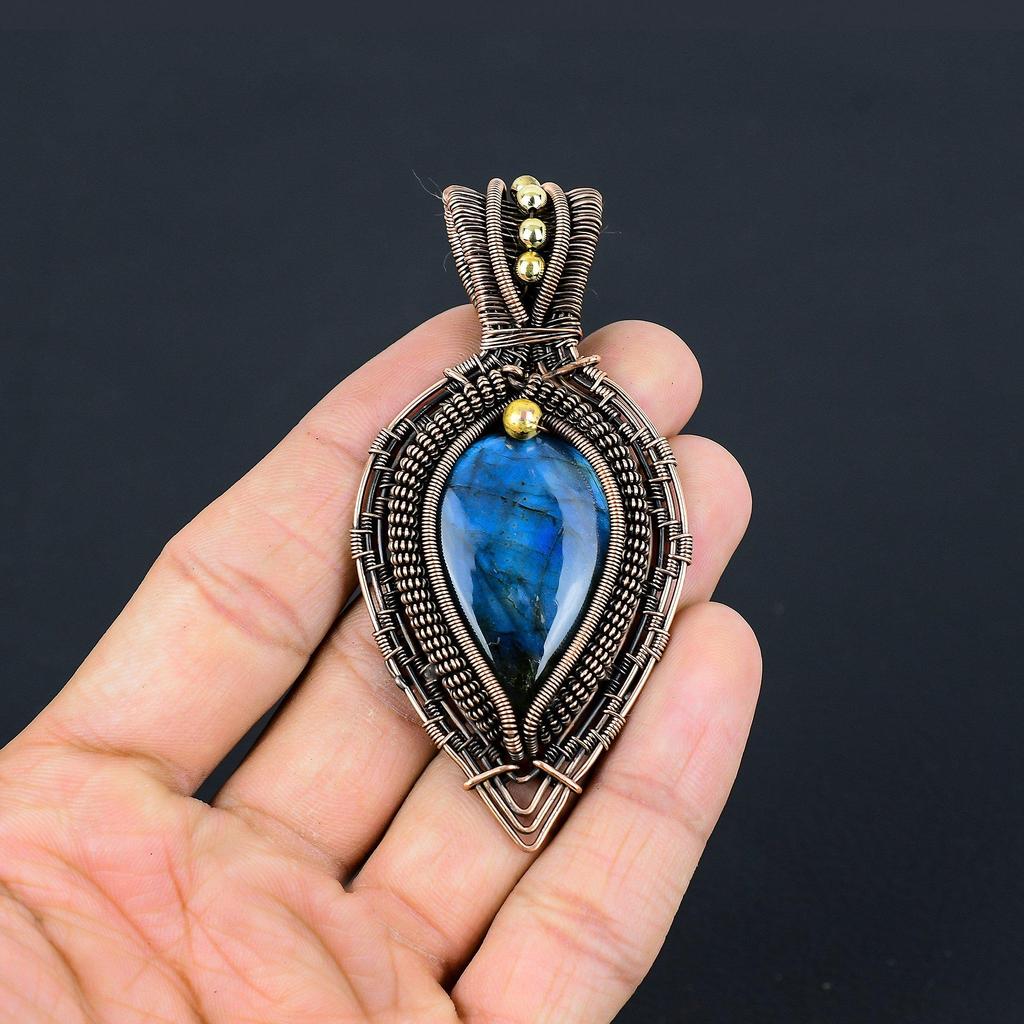 Blue Flash Labradorite Handmade Pendant, Natural Gemstone Jewelry, 999 Copper Wire Wrapped Pendant Jewelry, For Gift