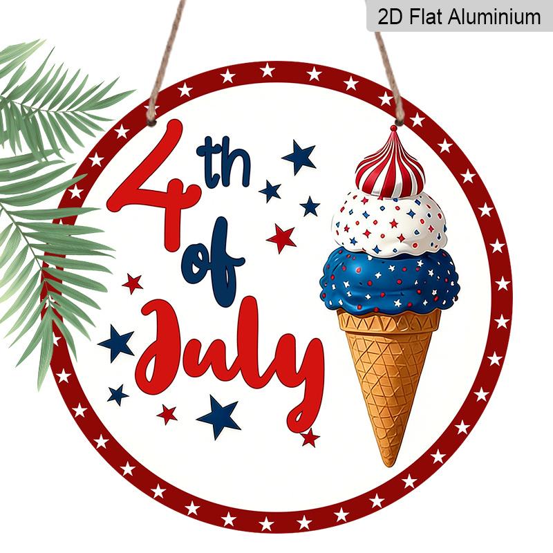 2D Flat 1pc Aluminum Independence Day-Themed Ice Cream Wall Decor 7.87 Inches X 7.87 Inches Patriotic Decor Suitable for Hanging On Front Doors