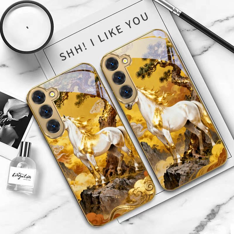 tall and sturdy horse For Samsung Galaxy S26 S20 FE S21 S22 S23 Plus S24 Ultra S25Ultra S21+ S22Plus Golden glass phone case