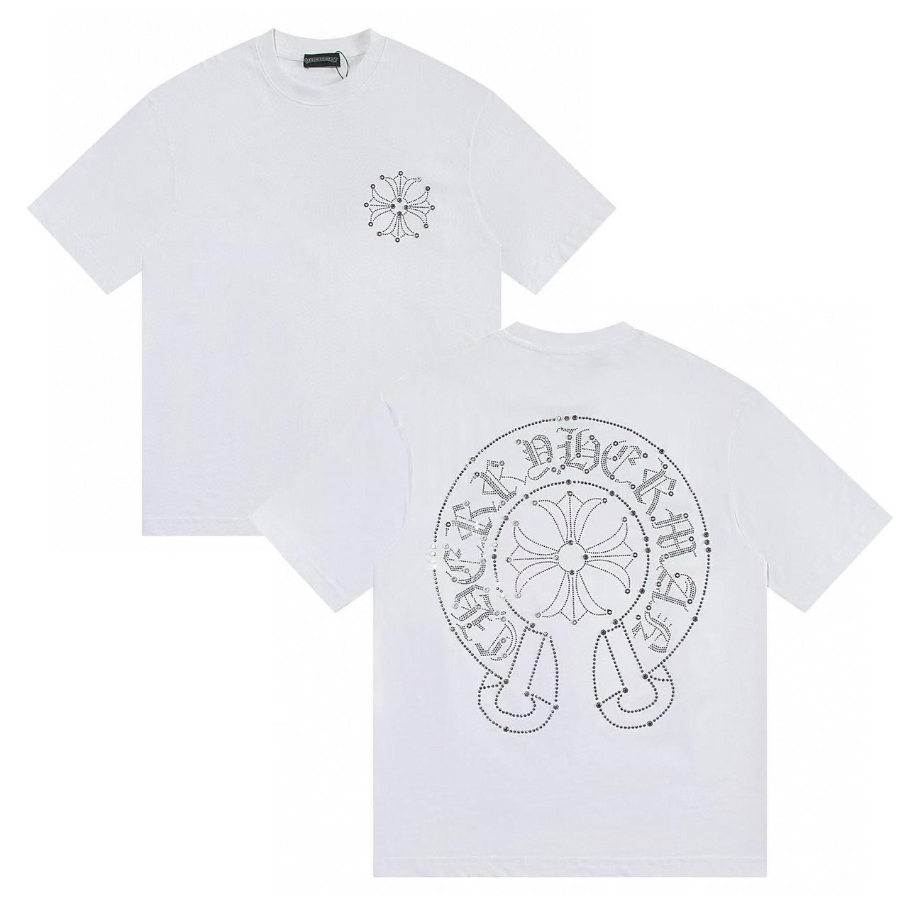 

W377 CHROME HEARTS 2025 літня нова високоякісна бавовняна кругла горловина Вільна чоловіча та жіноча футболка великого розміру Парна футболка S білий