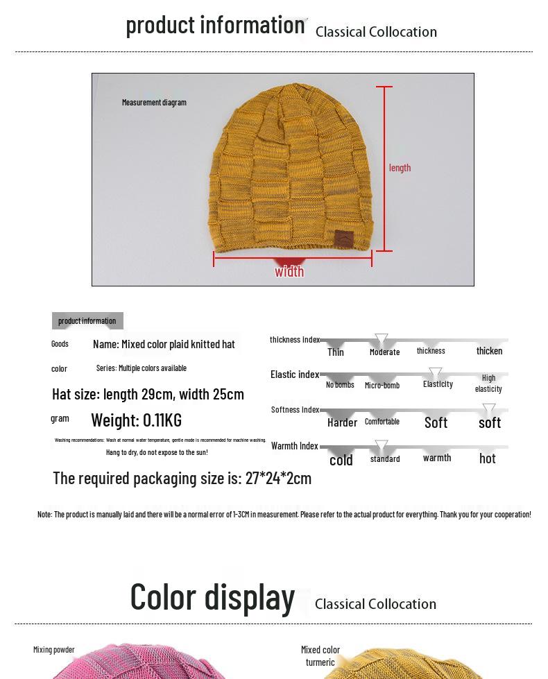 9875 Autumn/Winter Fleece-Lined Multi-Color Wool Knit Pullover Hat - Cozy Fashion for Women