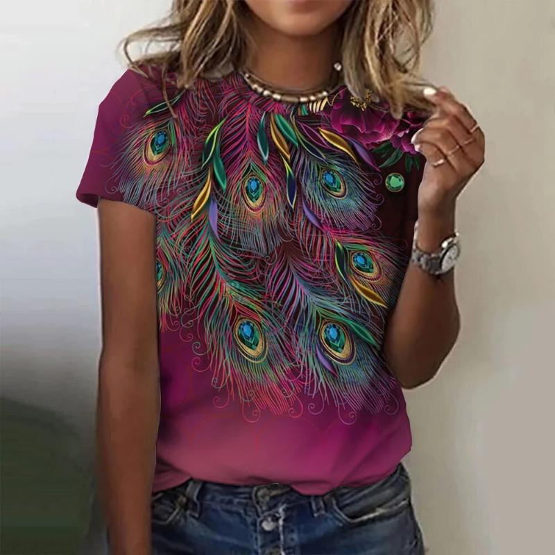 

Модная удобная летняя женская повседневная кофта с короткими рукавами и принтом павлиньей шерсти с круглым вырезом XXXL