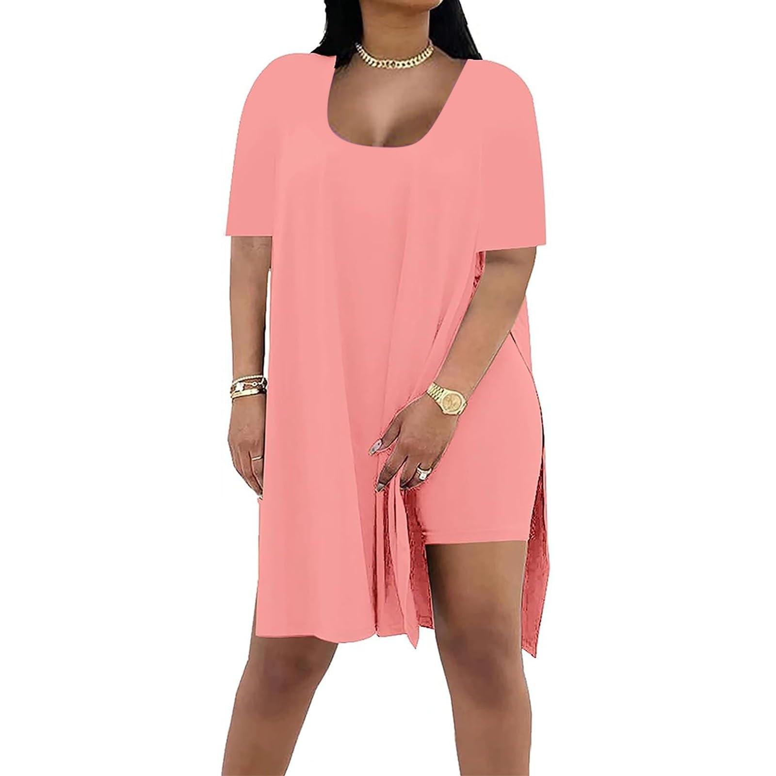 

Модный женский летний однотонный свободный костюм из двух частей с короткими рукавами XXL розовый