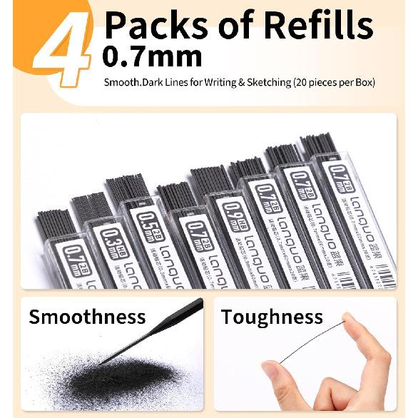 Mechanical Pencil Set with Case, 4PCS 0.7mm Art Mechanical Pencils + 40PCS HB Lead Refills + 40PCS 2B Lead Refills + 3PCS Erasers+ 1PCS Case, Drawing