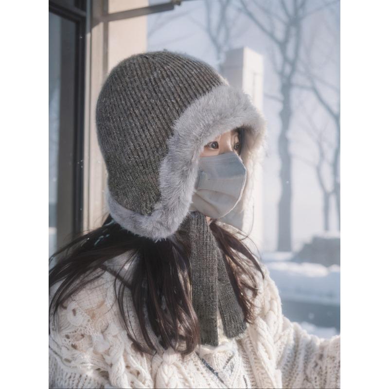 

Korean rabbit fur autumn and winter hats women s winter knitted ear protecting hats cycling hats with fleece windproof and warm One size