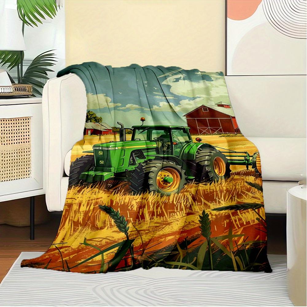 For Tractor,Farm,Harvest-Themed Flannel Blanket, Glam Style, Digital Print, All-Season Comfort, Tear-Resistant, Knitted Craftsmanship, Polye