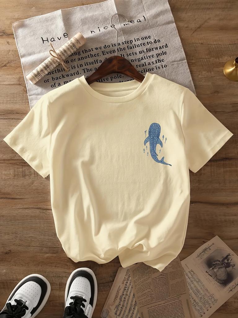 ZX Tee Round Neck Beach Whale Shark Print T-shirt Short Sleeves Women's Casual Tops Summer and Spring Women's T-shirt   Tees