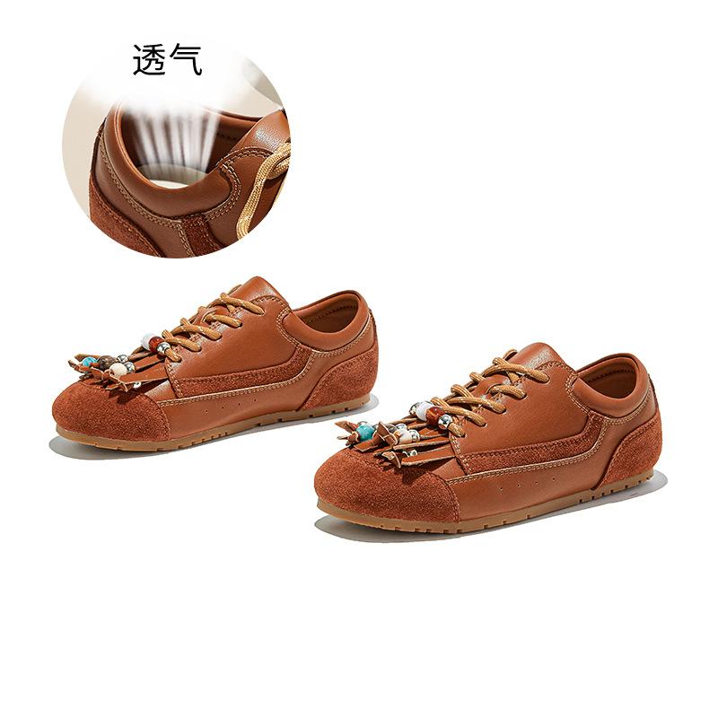 Leather beaded women's autumn new flat-soled women's shoes sports fringed casual white shoes