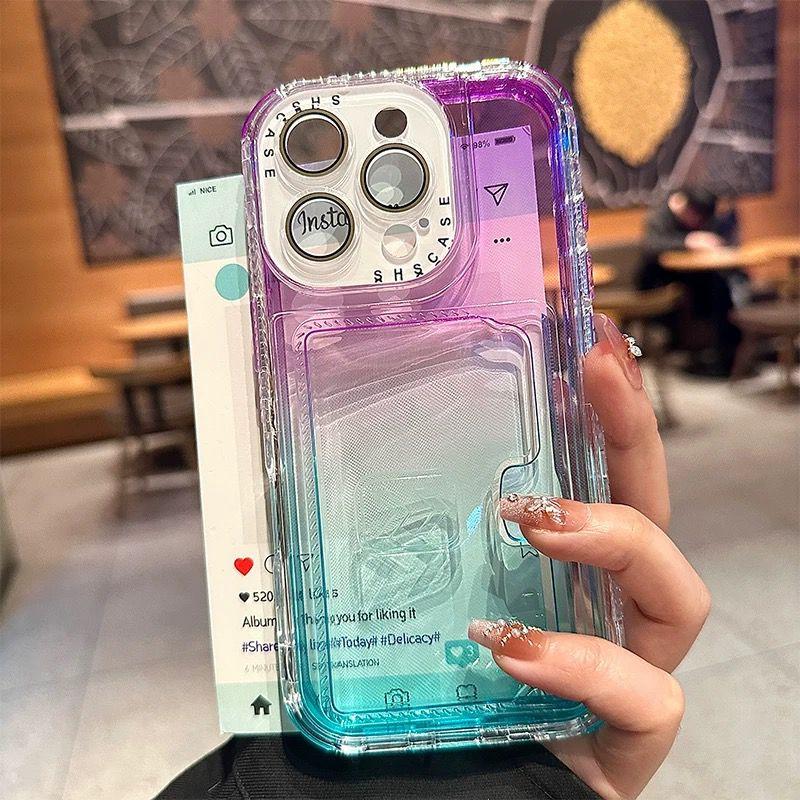Colorful Bright Gradient Card Slot Wallet Clear Case For iPhone 16 Plus 15 14 13 12 Pro Max Candy Color Bumper Soft TPU+PC Cover