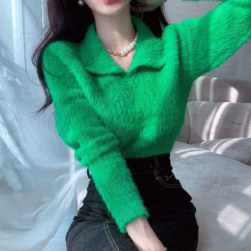 Temperament Celebrity Imitation Mink Sweater Women's Autumn and Winter Lapel Collar Foreign Style Waist Design Knitted Sweater Short Top