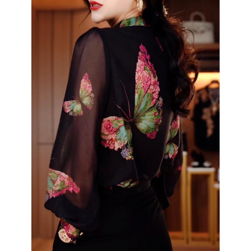Butterflies Flying Fashion Three-dimensional Printed Western Style Shirt Women's Autumn Stand Long Sleeve Top Versatile
