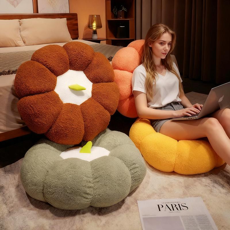 Plush Pumpkin Floor Cushion - Super Thick Tatami Seat Pad with Back Support, Soft Coral Fleece Pouf for Bedroom, Living Room & Bay Window