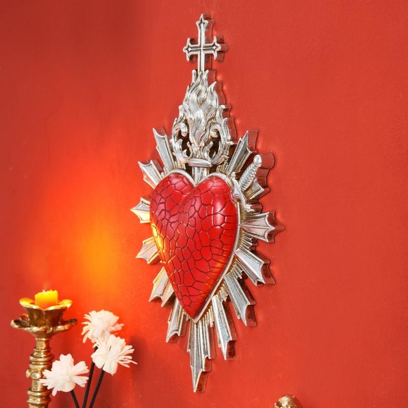 Sacred Hearts Resin Wall Decors Plaque, Heart of Jesuses Hanging Sculpture, Christian Religious Wall Art Ornament for Entryway or Bathroom Wall