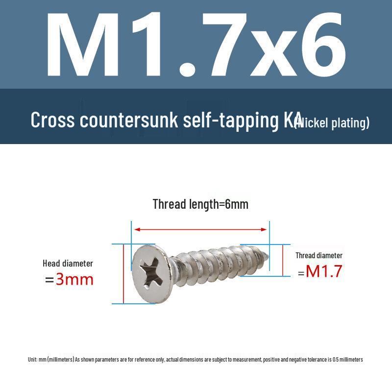 YiguYigu Nickel-Plated Phillips Flat Head Self-Tapping Screws M1-M5, Carbon Steel