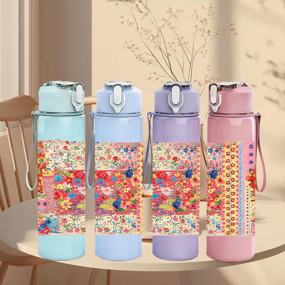 1PC Boho Patchwork Quilt Textile Print 750ml Color Plastic Sports Water Bottle Leakproof Flip Straw Lid Suitable for Sports Office Home Use