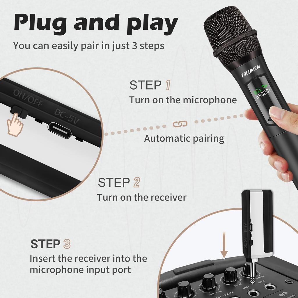 TALOMEN K602 Wireless Karaoke Microphone, Moving Coil Microphone with 6.35mm Receiver, 50M Range, 10 Hours of Battery Life, Wireless Microphone Kit