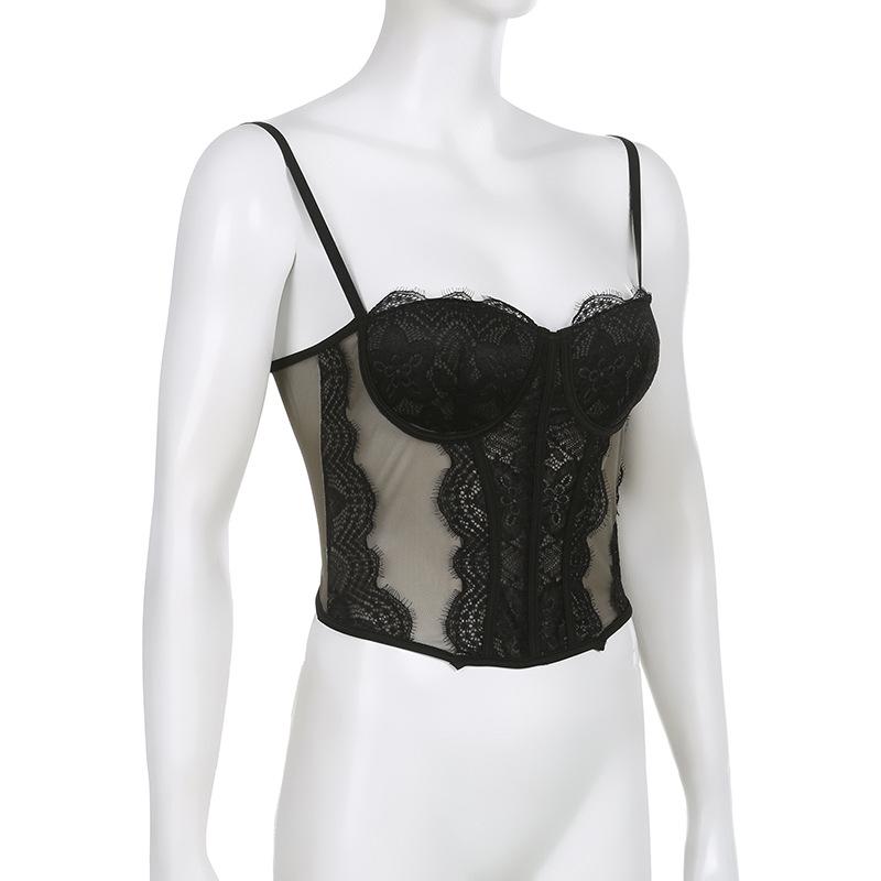 Frauen Spitze Mesh Mesh Spleißen Fisch Knochen Schlank Kleine Weste Freigelegtes Schlüsselbein mit Brust Pad Perspektive Hosenträger Tops
