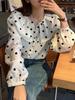 Women's Sweet Polka Dot Long-Sleeve Color Block Shirt, 2026 Spring Korean Style, Single-Breasted with Doll Collar